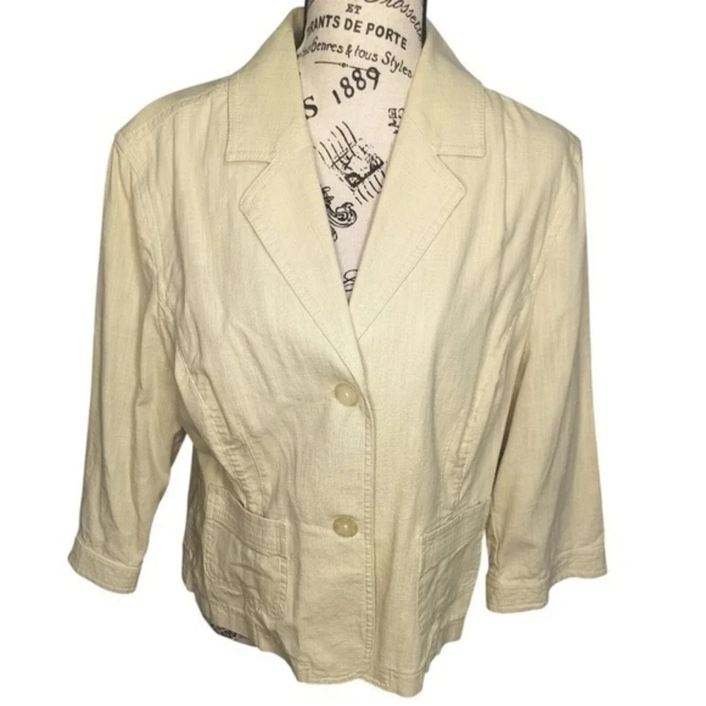 J. Jill beige/yellow 100%‎ Cotton 3/4 Sleeve Floral Trim Jacket Womens 14 Petite
